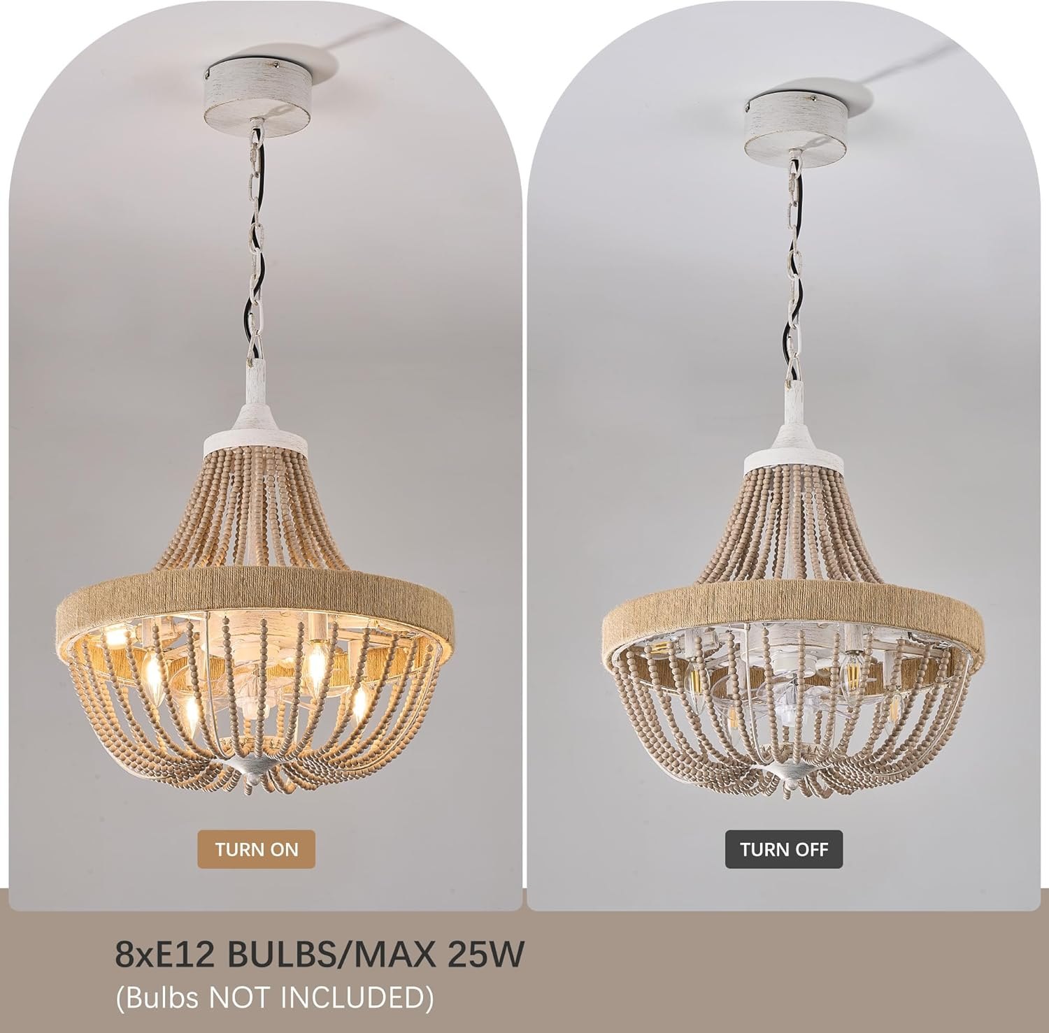 Vintage Bohemian Empire Chandelier Fan with 64 Wood Bead Strands, 7-Blade Invisible Fan, Antique White Gold Finish Ceiling Fan for Living Room, Bedroom(White Gold, 20'' Boho Style) White Gold + Wood Bead 20'' Bohemia Style — photo 5