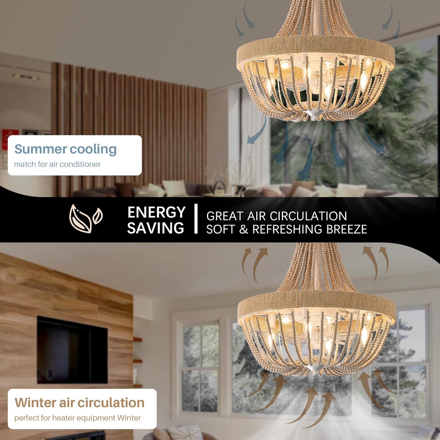 Vintage Bohemian Empire Chandelier Fan with 64 Wood Bead Strands, 7-Blade Invisible Fan, Antique White Gold Finish Ceiling Fan for Living Room, Bedroom(White Gold, 20'' Boho Style) White Gold + Wood Bead 20'' Bohemia Style — photo 6