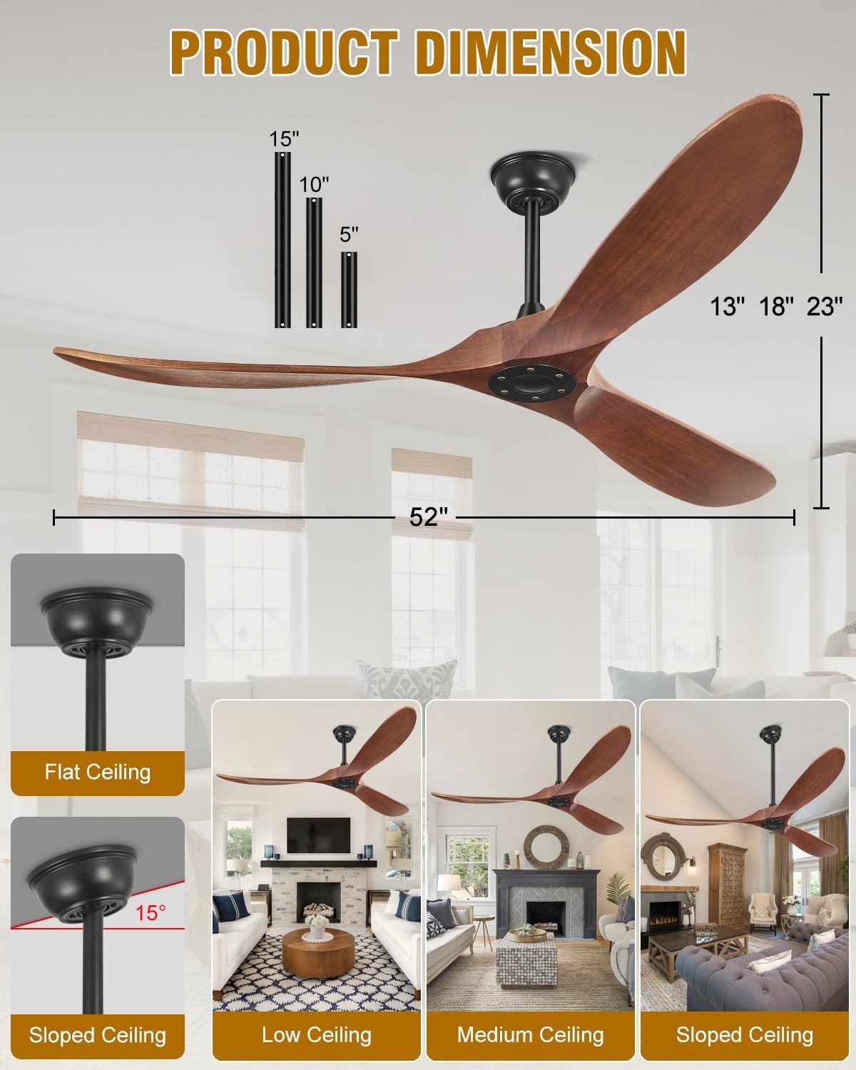 52 Inch Ceiling Fans Without Lights, Indoor/Outdoor Ceiling Fan No Light, 3 Solid Wood Blades, 3 Downrods, Timer, Quiet DC Motor, 6 Speeds Modern Fans with Remote for Patios Bedroom, Dark Walnut Dark Walnut 52 INCH