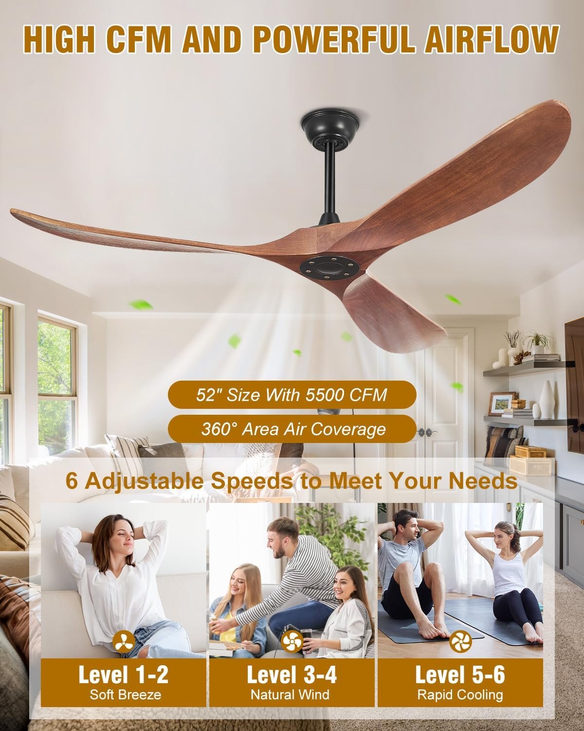 52 Inch Ceiling Fans Without Lights, Indoor/Outdoor Ceiling Fan No Light, 3 Solid Wood Blades, 3 Downrods, Timer, Quiet DC Motor, 6 Speeds Modern Fans with Remote for Patios Bedroom, Dark Walnut Dark Walnut 52 INCH — photo 3