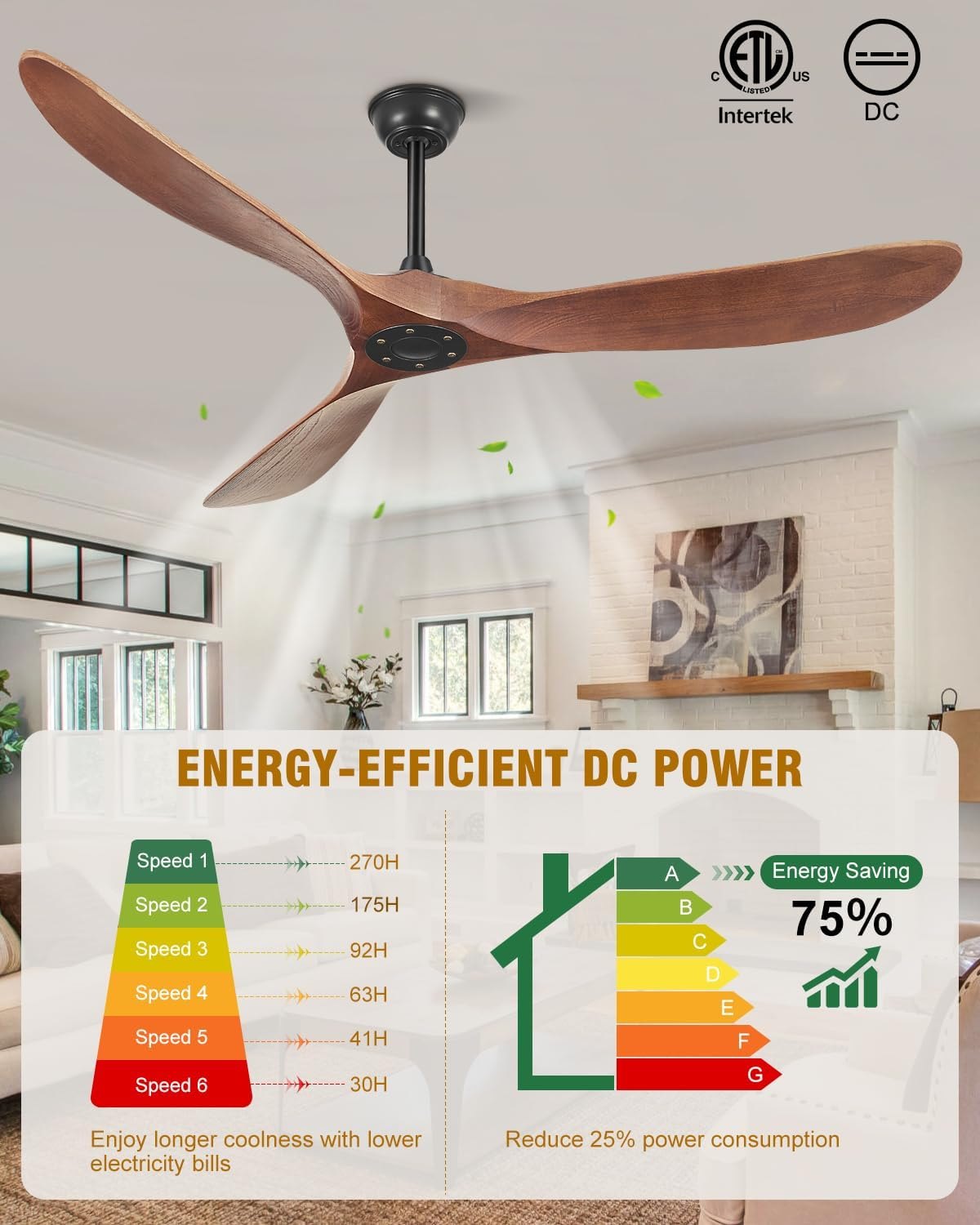 52 Inch Ceiling Fans Without Lights, Indoor/Outdoor Ceiling Fan No Light, 3 Solid Wood Blades, 3 Downrods, Timer, Quiet DC Motor, 6 Speeds Modern Fans with Remote for Patios Bedroom, Dark Walnut Dark Walnut 52 INCH — photo 6