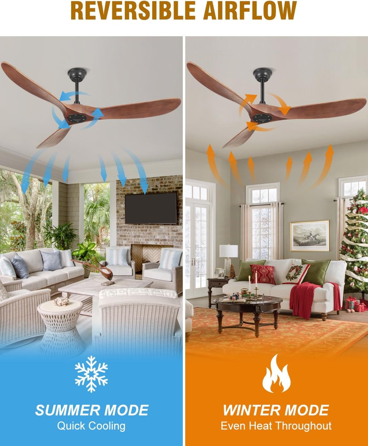 52 Inch Ceiling Fans Without Lights, Indoor/Outdoor Ceiling Fan No Light, 3 Solid Wood Blades, 3 Downrods, Timer, Quiet DC Motor, 6 Speeds Modern Fans with Remote for Patios Bedroom, Dark Walnut Dark Walnut 52 INCH — photo 10