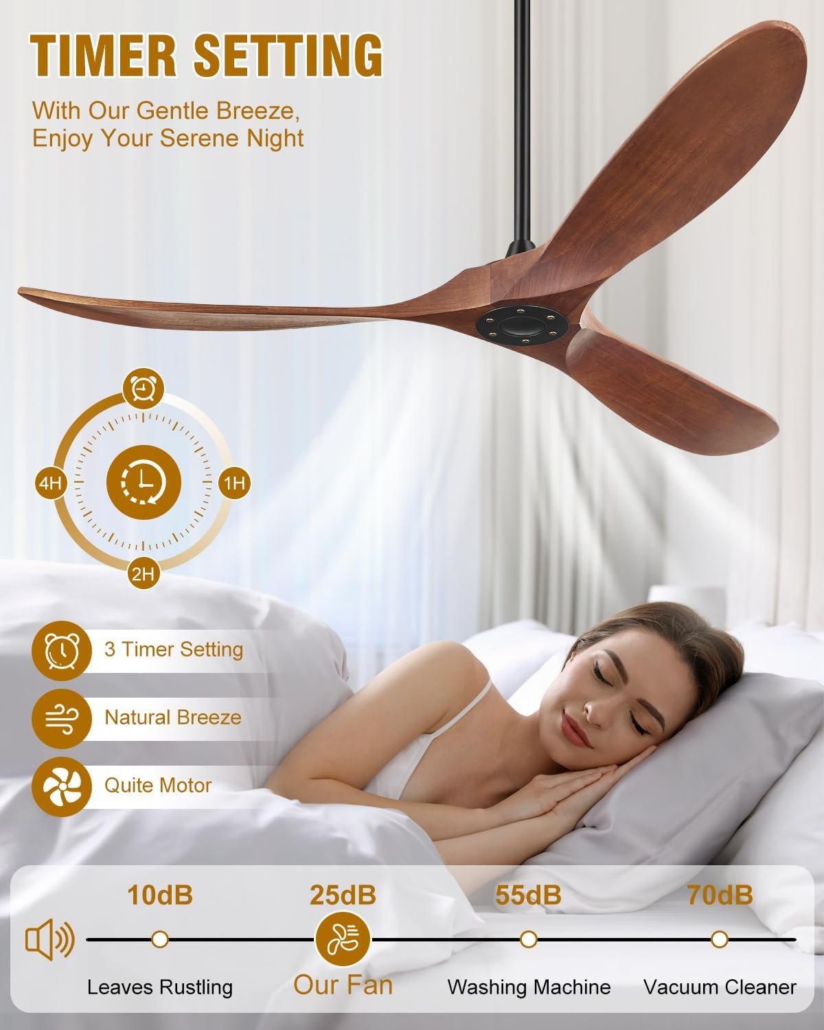 52 Inch Ceiling Fans Without Lights, Indoor/Outdoor Ceiling Fan No Light, 3 Solid Wood Blades, 3 Downrods, Timer, Quiet DC Motor, 6 Speeds Modern Fans with Remote for Patios Bedroom, Dark Walnut Dark Walnut 52 INCH — photo 12