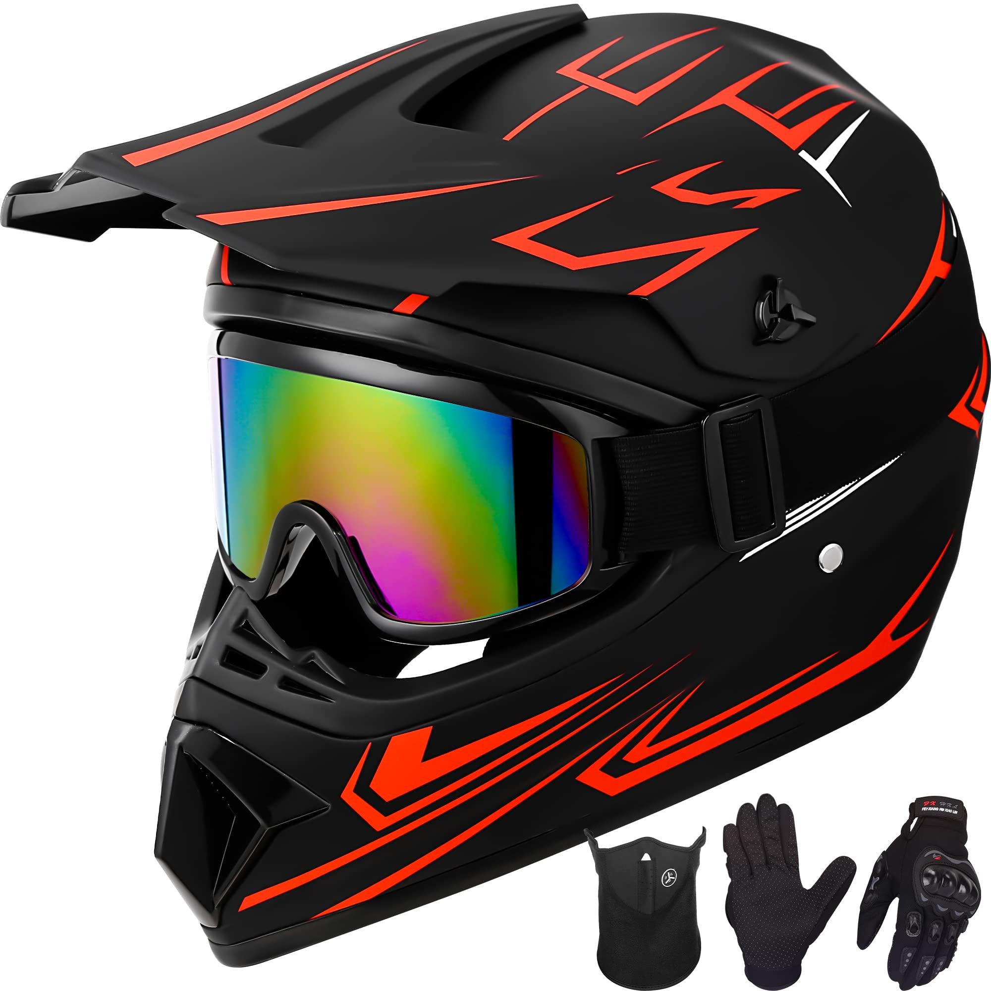 Yesmotor Youth Kids Motocross Helmet Motorcycle Dirt Bike Off-Road Mountain Bike BMX MX ATV Helmet with(Gloves Goggles Mask) 4Pcs Set - DOT Approved(Red,M)