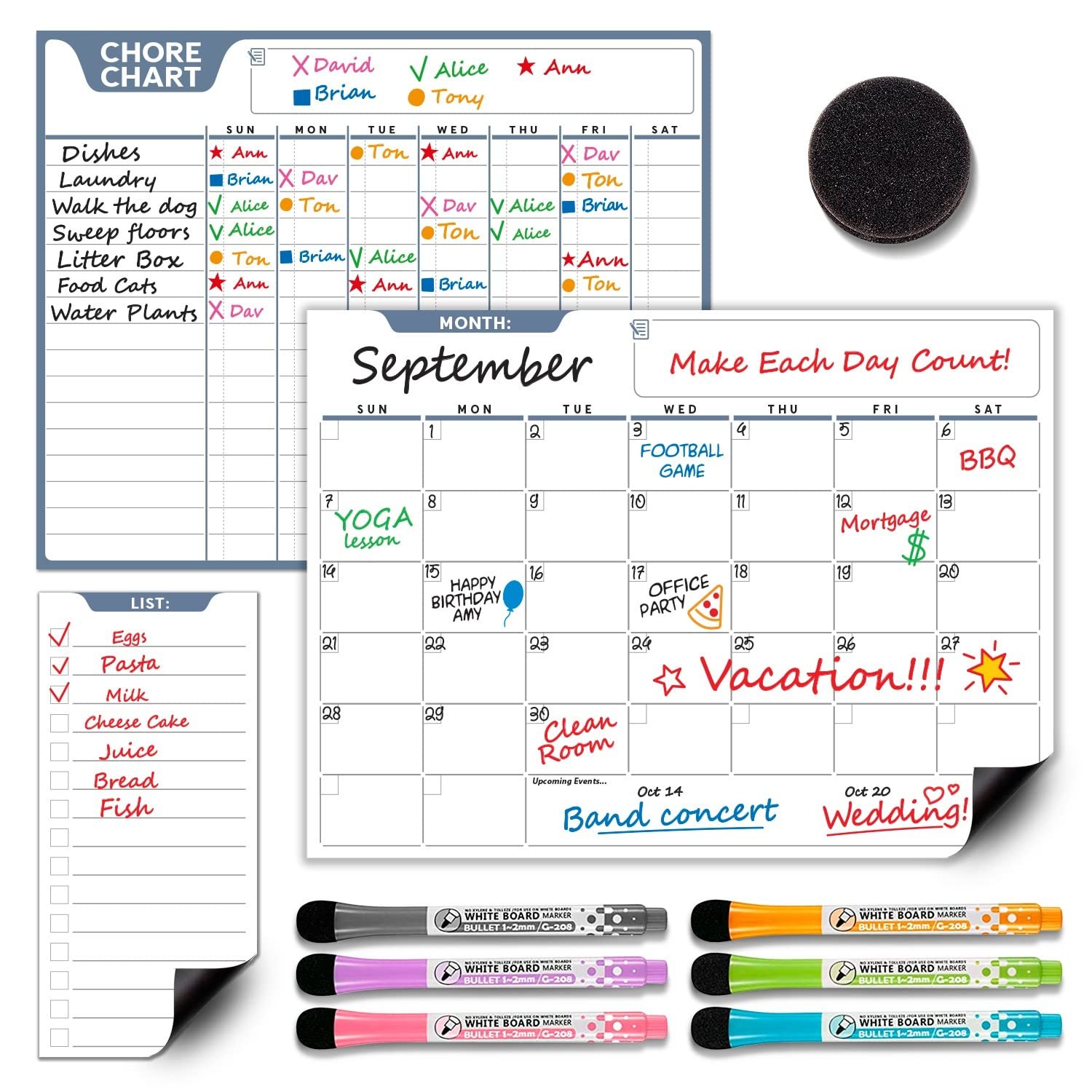 Learn & Climb Magnetic Dry Erase Chore Chart, Calendar, and to-Do List for Refrigerator: 3 Boards, 6 Markers, and Eraser, White