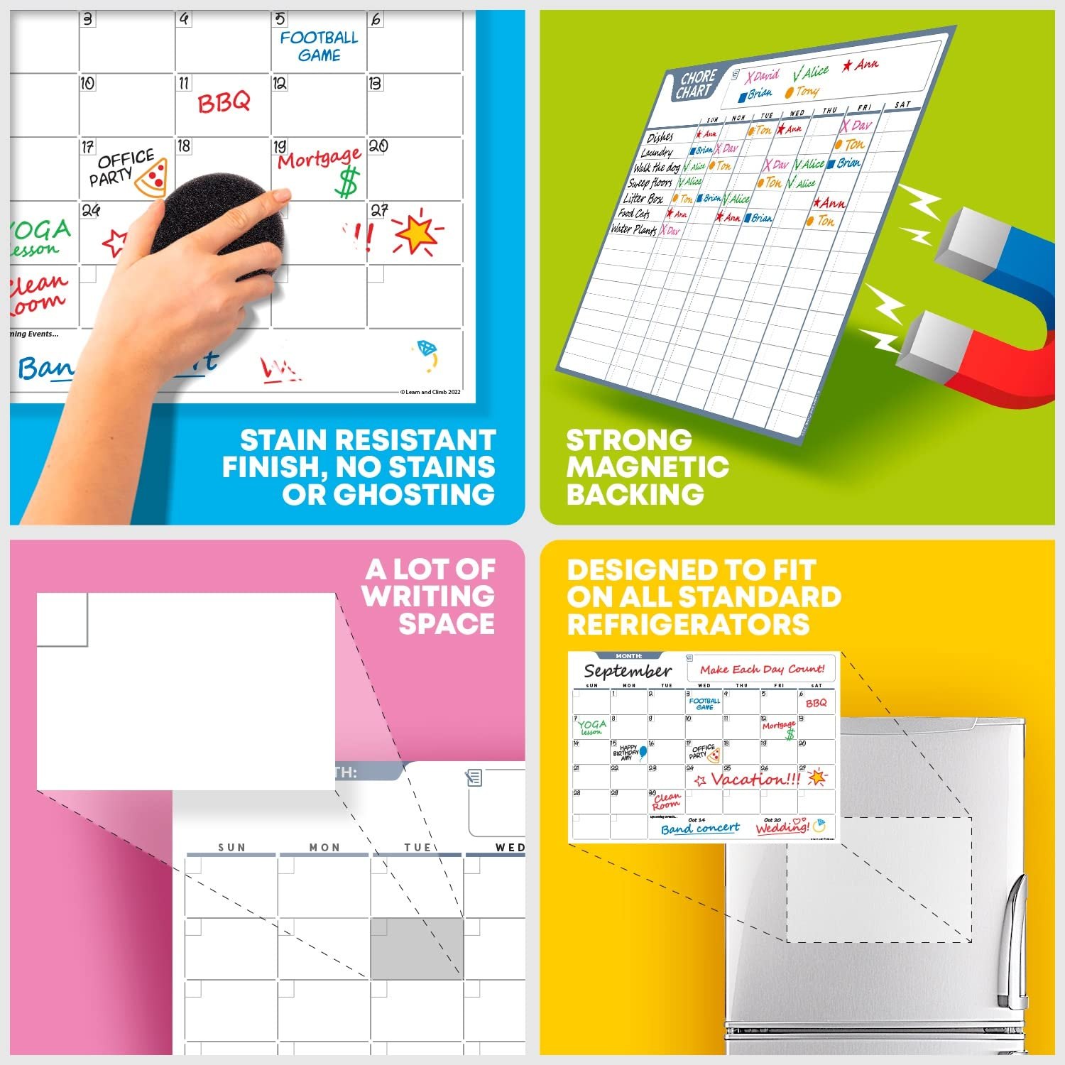 Learn & Climb Magnetic Dry Erase Chore Chart, Calendar, and to-Do List for Refrigerator: 3 Boards, 6 Markers, and Eraser, White — photo 5